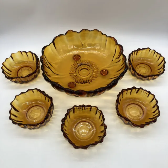 Vintage Indiana Glass Amber Glass Sunflower Bowls, salad bowl and 5 serving bowl