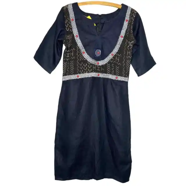 Nallem Ghana African Mudcloth Dress Embroidered Metallic Thread Zip Back
