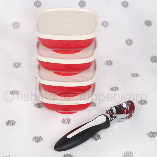 NEW Tupperware Ice Cream Scoop with 4 Sundae Pudding Dessert Bowls in Red