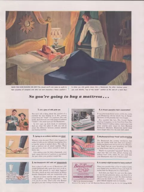 1941 Print Ad  Beautyrest Mattress Simmons Company Illustration Bedroom Couple