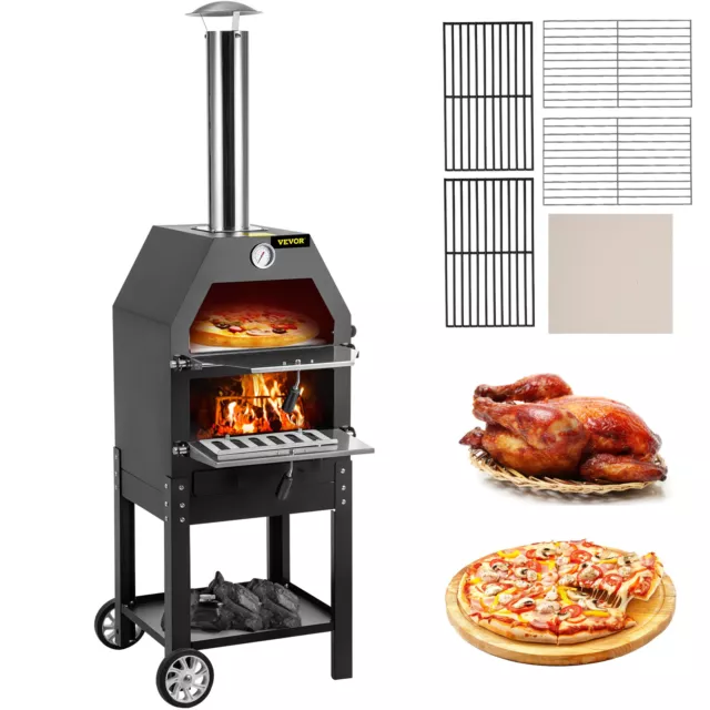 Outdoor Garden Pizza Oven Charcoal BBQ Grill 3-Tier Freestanding w/ Chimney
