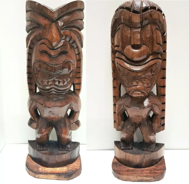 Set 2 Tiki Tribal Men Statues Carved Hawaiian Wood Carving Ornaments  Bali 30Cm