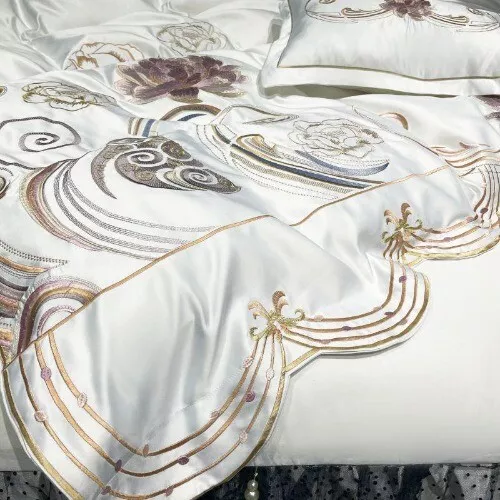 Flowers Embroidery Bedding  Set White Soft Satin Cotton Duvet Cover Bed Sheet 3