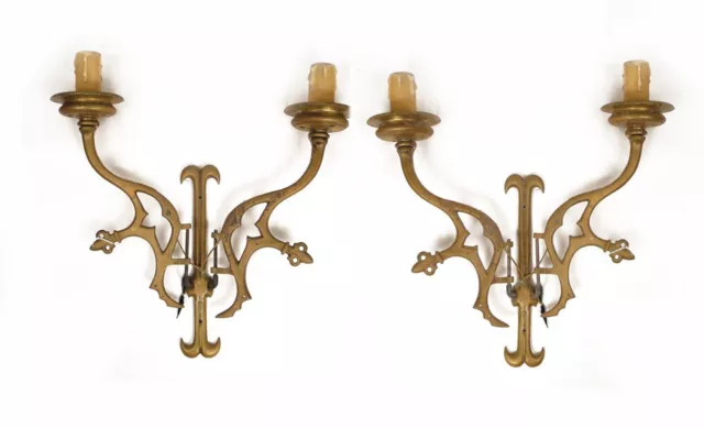 Pair D'Appliques Gothic, Bronze Golden And Pattern Flowers Lys, Xixth