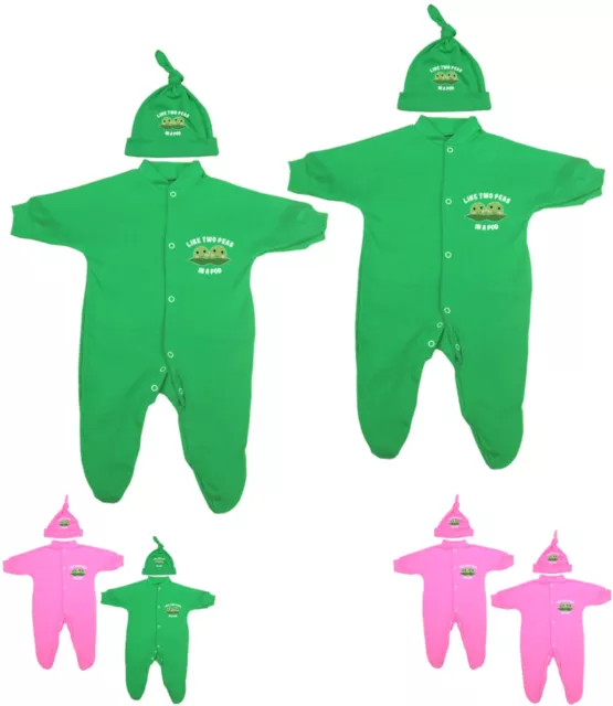 BabyPrem Twin Baby Clothes Pack of 2 Sleepsuits & Hat Sets 'PEAS IN A POD' 0-9m