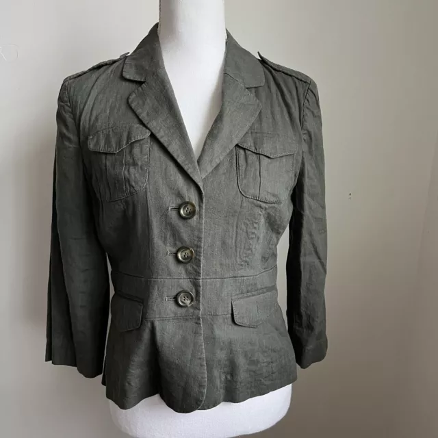 Ann Taylor Loft Jacket Womens Small Size 4 Green Up Safari Military Linen