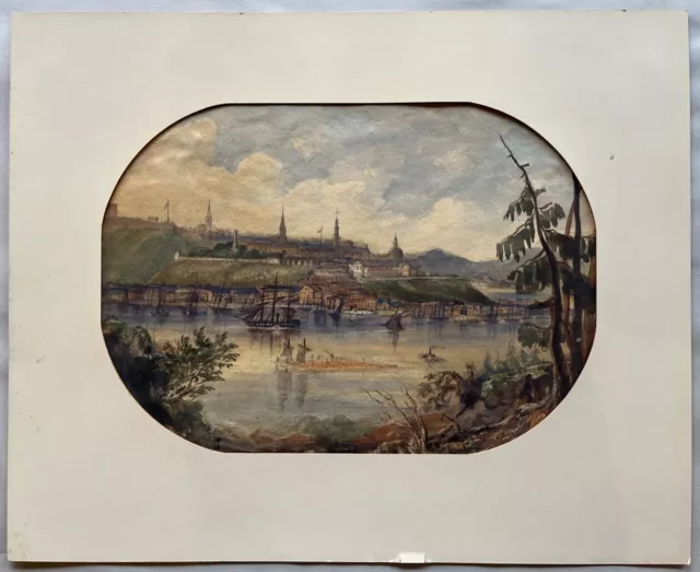 Aquarell 19. Jahrhundert große Stadt am Fluss Schiffe Flößer Antik Donau Rhein? 2