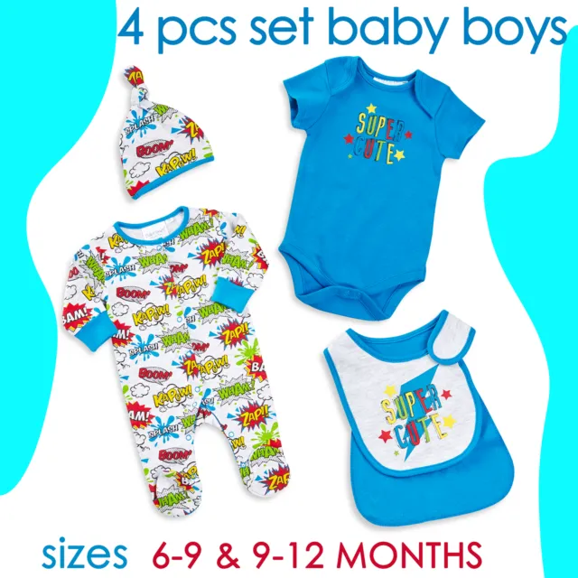 Baby Boys Outfit 4 Piece Sleepsuits Set Superhero 6-9 9-12 Months Bundle Clothes