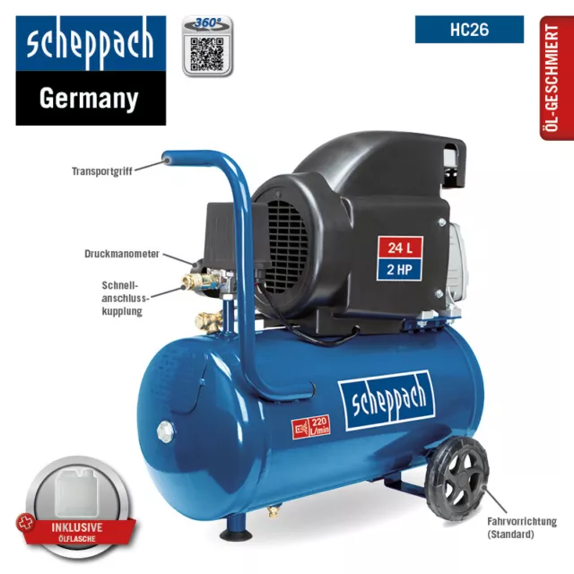 Scheppach Kompressor HC26 Druckluftkompressor 24L 8bar ölgeschmiert mit 230ml Öl 2