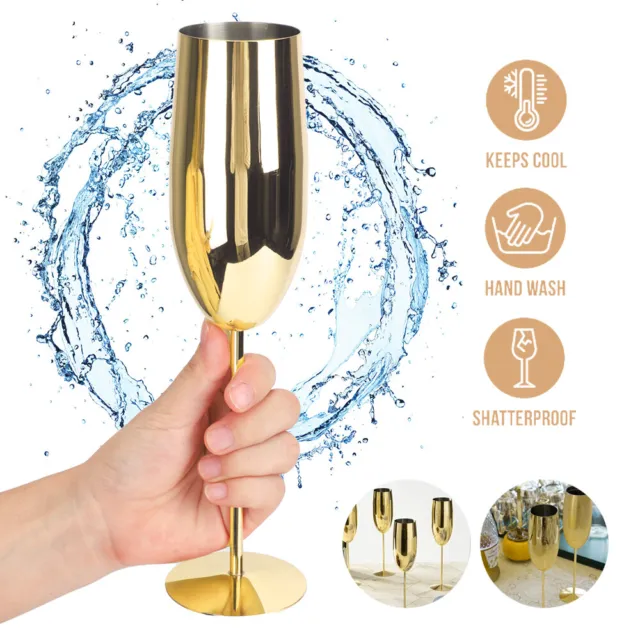 4 Champagne Flutes Stainless Steel Gold Prosecco Glasses Partyware 285ml Xmas UK