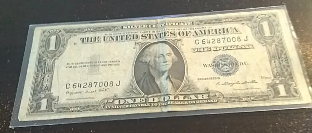 One (1) 1935 G $1 Silver Certificate With No Motto On Reverse. Blue Seal.