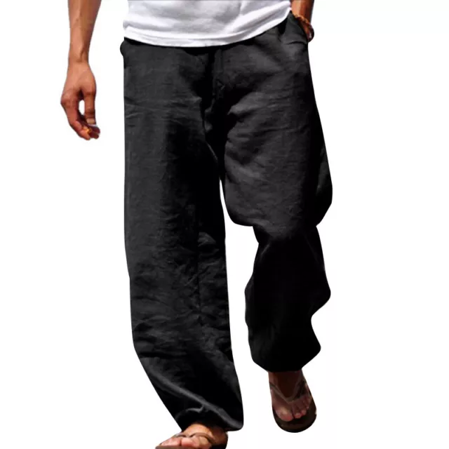 Mens Elastic Waist Loose Blend Comfort Soft Beach Pants Cotton Linen Trousers
