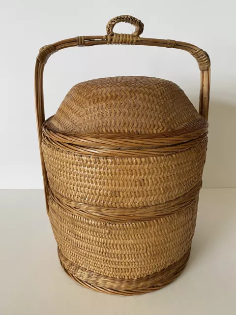 Vintage 2 Tier Chinese Asian Wedding Basket Woven Wicker Rattan Bamboo Cane Wood