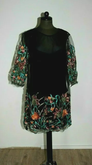 Due Pezzi Vestito -unterkleid Corto Nero Ricamato Manica 42/44 Poliestere