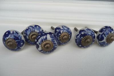 Vintage Antique Drawer Pulls Handles Cobalt Flower Floral Cabinets Knob Lot of 3