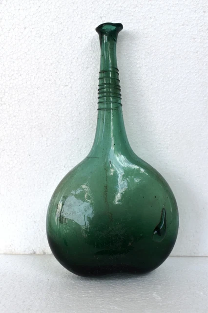 Antique Blown Glass Bottle Saddle Flask Long Neck Shiraz Persia Threading Neck "