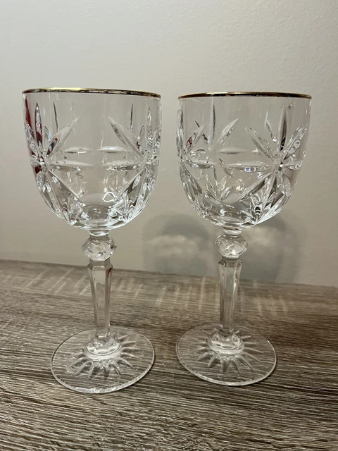 Set of Two AVON Crystal GOLDEN ACCENT 24% Lead Gold Rim star fan Cut Wine Glass