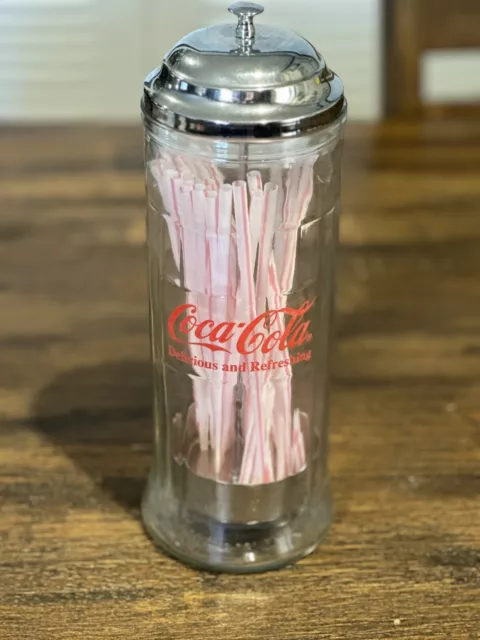 1992 Vintage Coca-Cola Diner-Style Glass Bar Straw Dispenser Holder Collectible