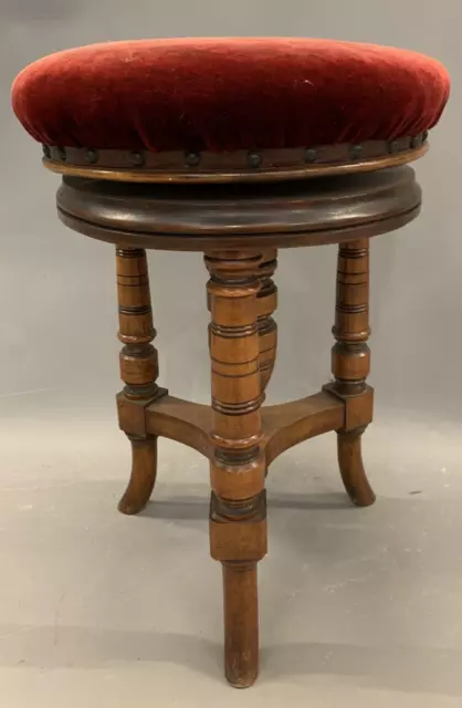 Antique Edwardian Revolving Cushioned Dressing Piano Stool Wine Red Seat