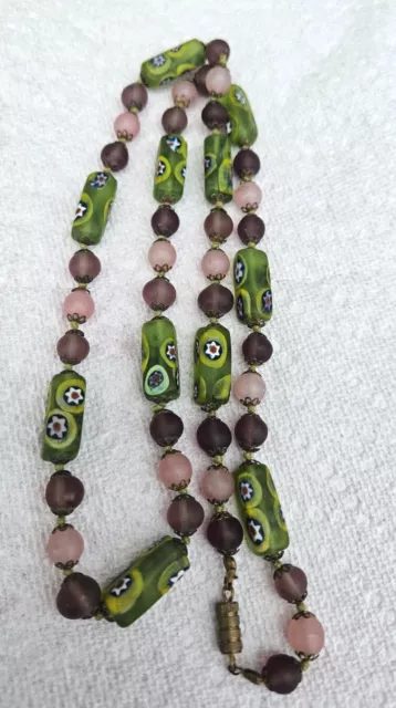 Vintage Venetian Art Glass Bead Necklace Hand knotted 24"