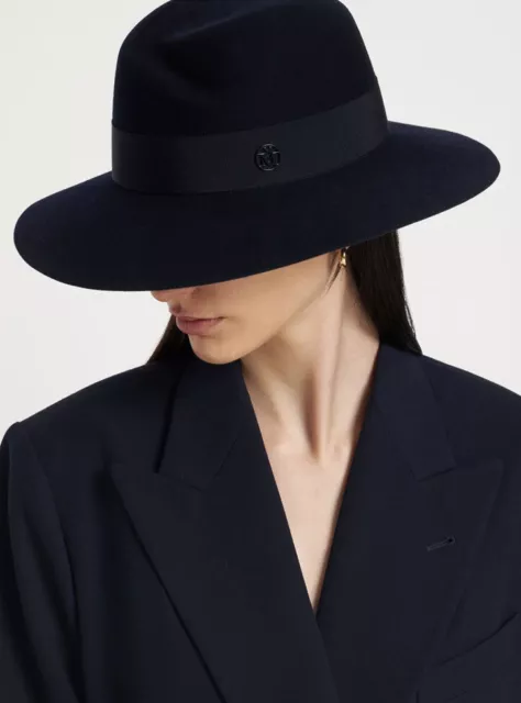 Maison Michel New Virginie Navy Wool Fedora Hat Size Small