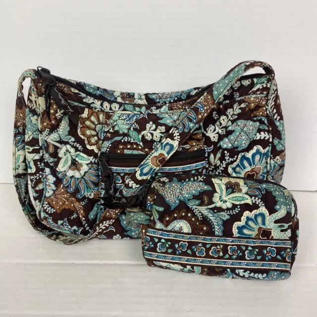 Vera Bradley Java Blue Purse Floral Shoulder Bag Cosmetic Case Brown Blue Teal
