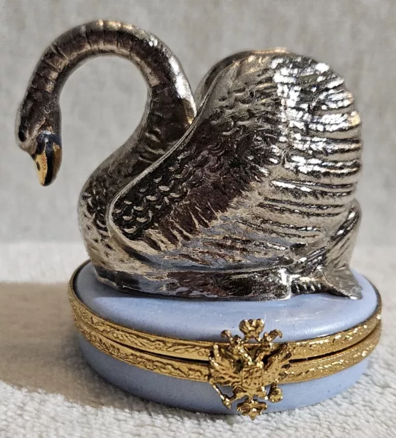 Rare Peint Mein Limoges Faberge France Swan Trinket Box Beautiful Piece!