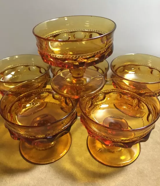 Vtg Indiana Glass Kings Crown Amber Thumbprint Champagne / Fruit Footed Set - 6