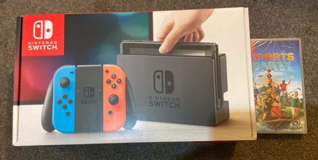Brand New NINTENDO SWITCH NEON BLUE & RED CONSOLE +Sealed NEW SPORTS PARTY GAME
