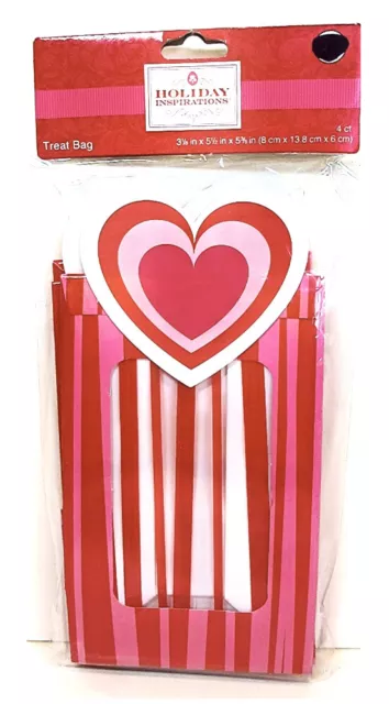 Valentine Heart Treat Bags,4x,Cardboard/Plastic,Red/Pink Stripes,3"x5"x5"