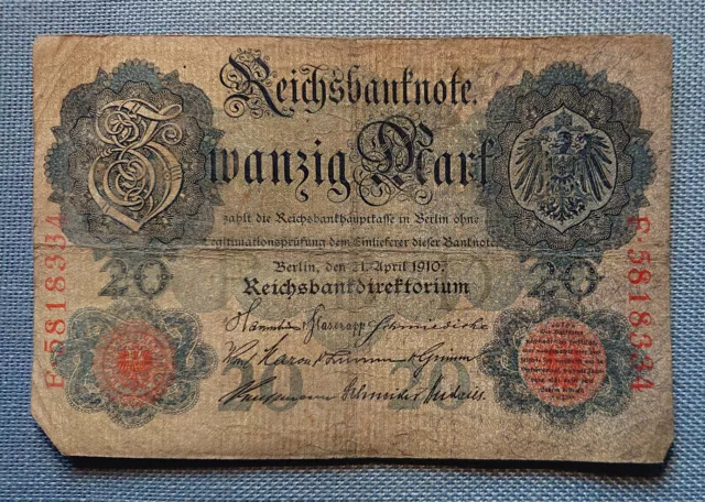 old Reichsbanknote Twenty Mark Berlin 21. April 1910 Reichsbank directorate