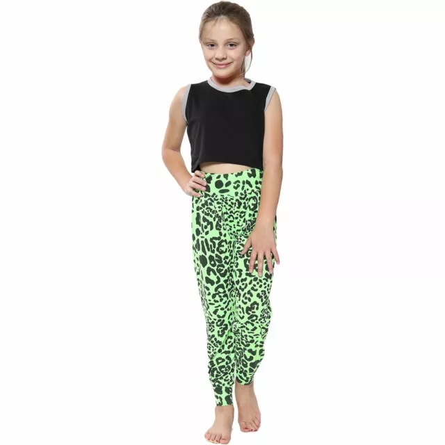 Kids Girls Ali Baba Harem Trouser Leopard Print N.Green Fashion Trendy Leggings