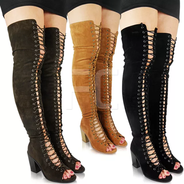 New Womens Celeb Tall Lace Up Peep Toe Mid High Heel Over Knee Thigh Boots Size