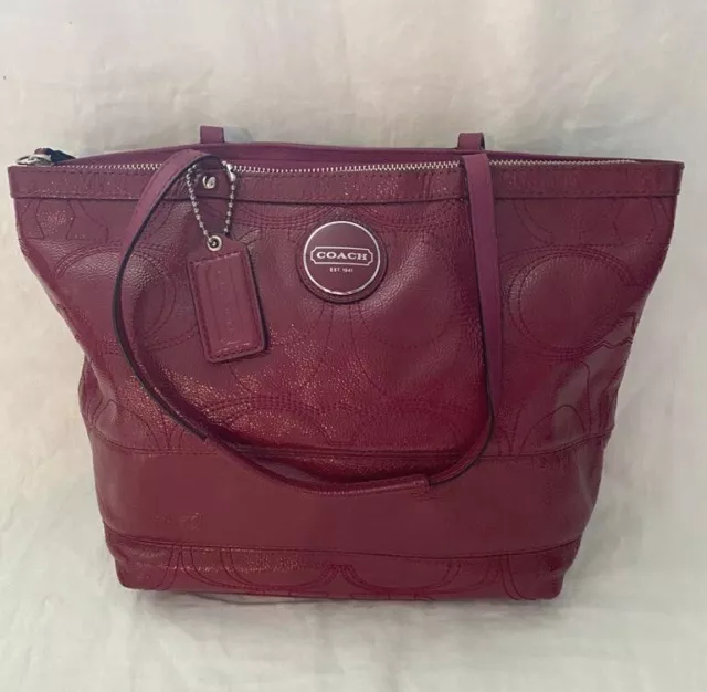 Coach Vintage Y2K Stitched C Stripe Berry Pink Patent Leather Tote Bag