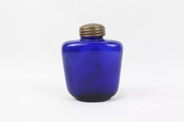 1900s Old Antique Cobalt Blue Perfume Flask Rustic Thick Brass Cap Collectible