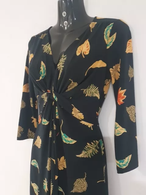 LEONA EDMINSTON Size 8 Black and Tan Leaf Print Stretch V Neck Dress 3