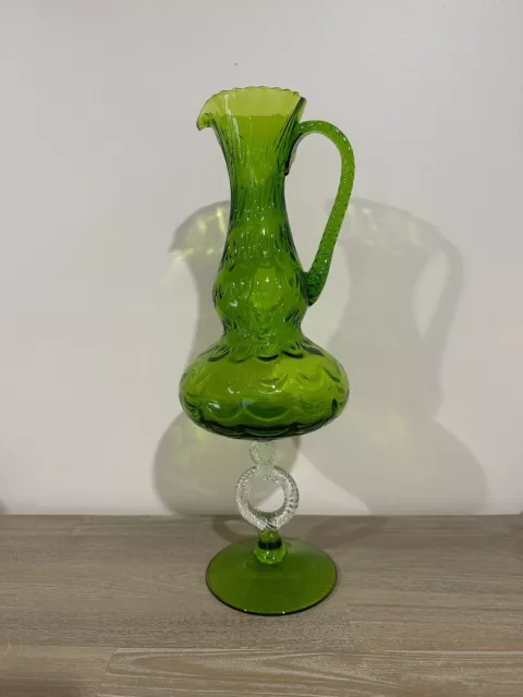 Vintage Mid Century Art Glass Green Pitcher Jug