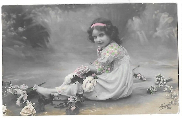1912 Antique CPA Portrait of a Little Girl in Blue Flower Dress Postcard