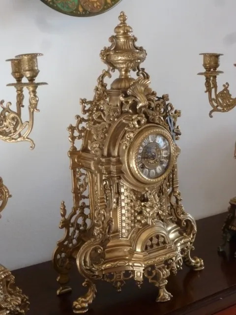 Kaminuhr Bronze Brass Mantle Clock Hermle mit 2 Kerzenhalter 6-flammig 2