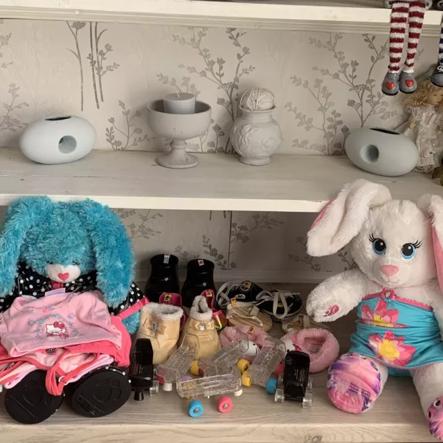 KIDS TOY BUNDLE Build A Bear  2 Rabbits With Skates, Shoes, Clothes
