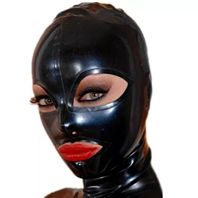 Black Latex Hood Back Zipper Open Eyes Mouth Beautiful Girl Rubber Mask Cosplay