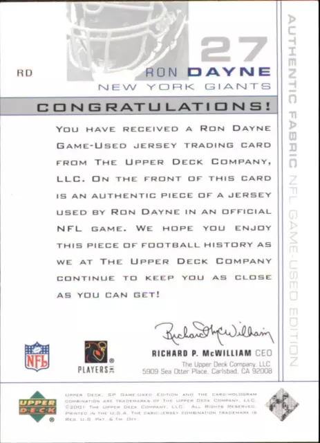 B4413- 2001 SP Game Used Edición Auténtico Tela # Rd Ron Dayne Camiseta - Nm-Mt 2