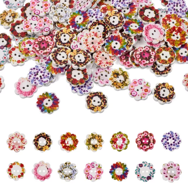 100 Stck. Blume 2 Loch Holzknöpfe gemischte Farben bedruckt dekorativ 19x3mm