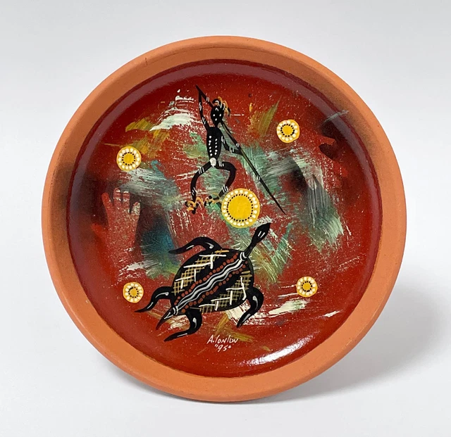 HAND PAINTED AUSTRALIAN Aboriginal Art Terracotta Pottery Plate Signed