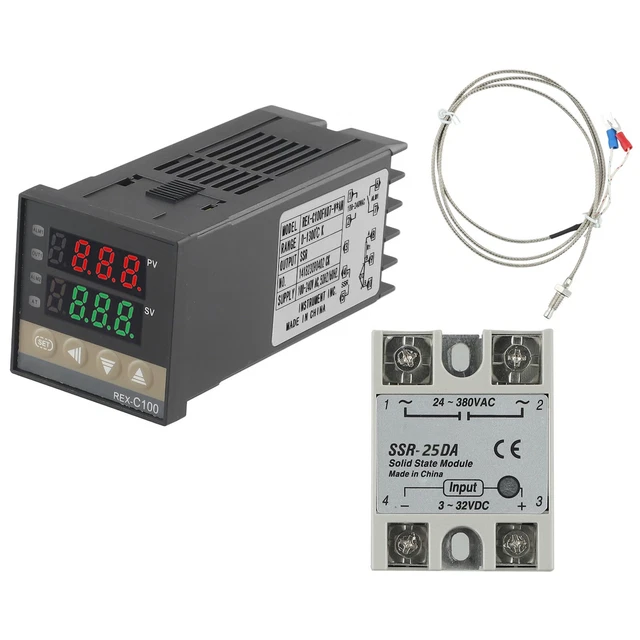 Produktbild von REX C100 PID-Temperaturregler-Set – Mit 25A SSR & K-Thermoelement (0–1300 °C), Präzise Regelung Für Heizungen, Öfen & Maschinen