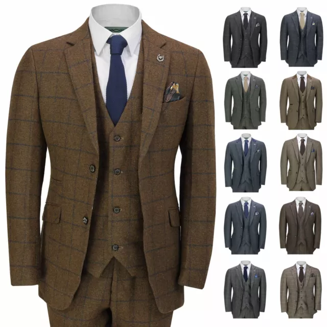 Mens 3 Piece Tweed Suit Herringbone Check Retro Peaky Blinders Tailored Fit