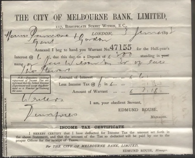 1892 London, The City Of Melbourne Bank Ltd. Shares Warrant, J. Wilson & Stewart