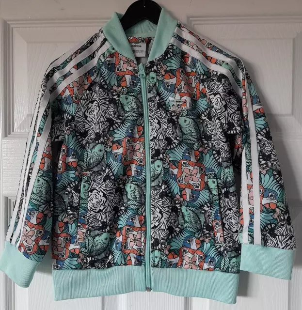 Giacca top tuta da ginnastica Adidas verde stampa zoo designer età 5/6 anni