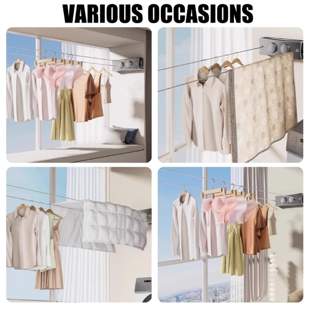 EASY INSTALL ADJUSTABLE Length Retractable Drying Line Indoor Drillless ...