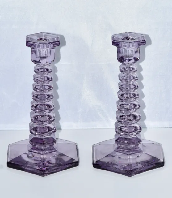 MCM Lavender Stacked Art Glass Candle Stick Holders - Set